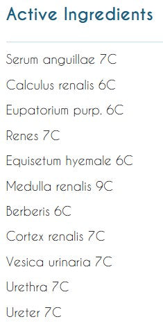 Supplement facts for Organo Kidney listing ingredients including Berberine, Berberis aristata, Berberis vulgaris, Equisetum, Indian Barberry