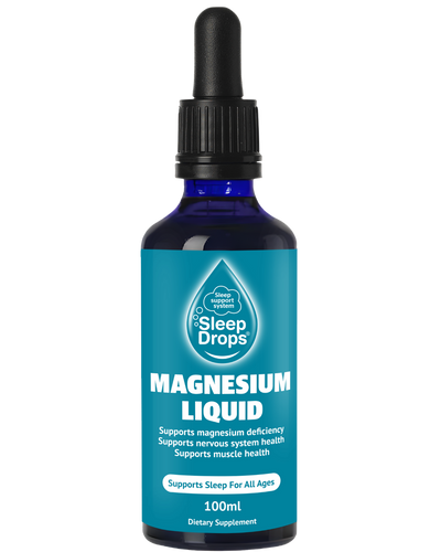 A supplement container of SleepDrops Magnesium Liquid by SleepDrops