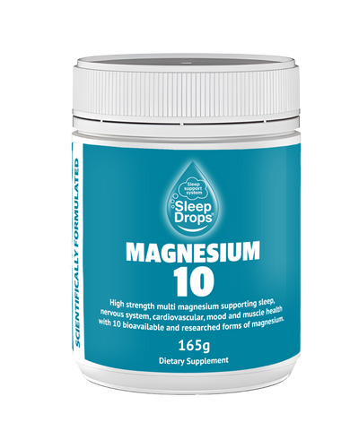 A supplement container of SleepDrops Magnesium 10 by SleepDrops