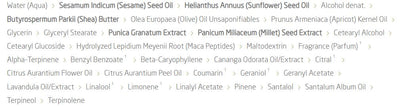 Supplement facts for Pomegranate Firming Serum Body Lotion listing ingredients including A-Pinene, Alpha-Pinene, Alpha-Terpinene, Apricot (Prunus Armenica), Beta-Pinene