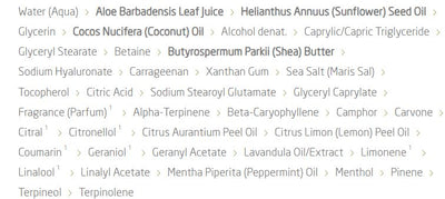 Supplement facts for Citrus Hydrating Body Lotion listing ingredients including A-Pinene, Aloe Barbadensis, Alpha lipopic acid R from, Alpha-Pinene, Alpha-Terpinene