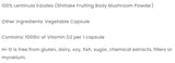 Supplement facts for Natural Vitamin D 1000IU + Beta-Glucan listing ingredients including Lentinula edodes, Shiitake, Shiitake (Lentinula edodes), Vitamin D2 (ergocalciferol)