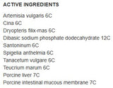 Supplement facts for NBWS Parasite Drainage listing ingredients including Artemisia, Dibasic sodium phosphate, Sodium, Sodium phosphate