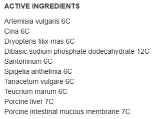 Supplement facts for NBWS Parasite Drainage listing ingredients including Artemisia, Dibasic sodium phosphate, Sodium, Sodium phosphate