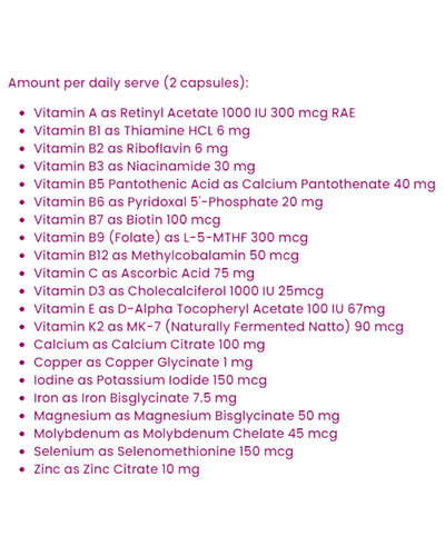 Supplement facts for Women’s Multi + Iron listing ingredients including Ascorbic Acid, Biotin, Calcium, Calcium Pantothanate, Calcium citrate