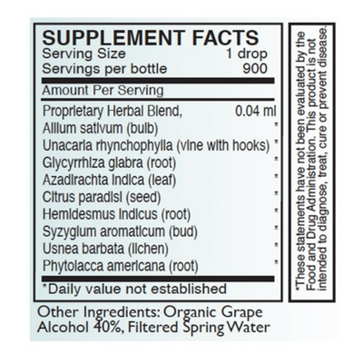 Supplement facts for A-BART listing ingredients including Allium sativum, Azadirachta indica, Citrus Aurantium, Clove (Syzygium aromaticum), Clove bud