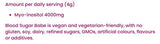 Supplement facts for Blood Sugar Babe, 240g listing ingredients including Inositol Myo