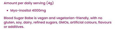 Supplement facts for Blood Sugar Babe, 240g listing ingredients including Inositol Myo