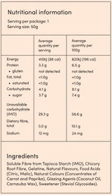 Supplement facts for Peaches & Cream listing ingredients including Carnauba Wax, Carrot, Chicory extract, Citric Acid, Coconut Oil