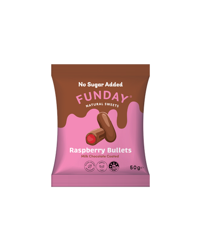 A supplement container of Milk Chocolate Raspberry Bullets by Funday Natural Sweets