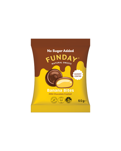 A supplement container of Milk Chocolate Banana Bites by Funday Natural Sweets