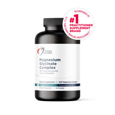 A Supplement container with the name Magnesium Glycinate Complex (240 Caps)by Designs for Health.