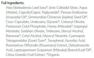 Supplement facts for Colloidal Silver Cream listing ingredients including Aloe Barbadensis, Ascorbic Acid, Avocado oil, Beeswax, Caprylic acid