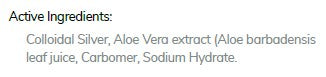Supplement facts for Colloidal Silver & Aloe Vera Gel listing ingredients including Aloe Barbadensis, Aloe Vera, Colloidal Silver, Sodium