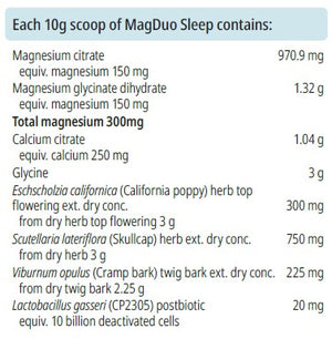 Supplement facts for MagDuo Sleep listing ingredients including Calcium, Calcium citrate, California poppy, Cramp Bark, Glycine