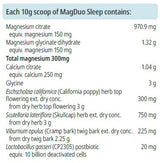 Supplement facts for MagDuo Sleep listing ingredients including Calcium, Calcium citrate, California poppy, Cramp Bark, Glycine