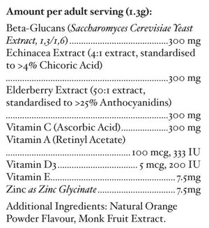 Supplement facts for Immune Daily Defence listing ingredients including Anthocyanidins, Ascorbic Acid, Beta-glucans, Brewer's Yeast, Echinacea Angustifolia