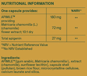 Supplement facts for Apimile BioActive listing ingredients including Apigenin, Chamomile, Sunflower lecithin