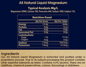 Supplement facts for All Natural Liquid Magnesium listing ingredients including Behenyl Alcohol, Benzyl Alcohol, Calcium, Cetyl Alcohol, Magnesium