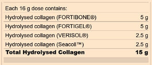 Supplement facts for Pure Collagen Complete listing ingredients including Collagen Hydrolysed, Fortibone, Fortigel, Verisol