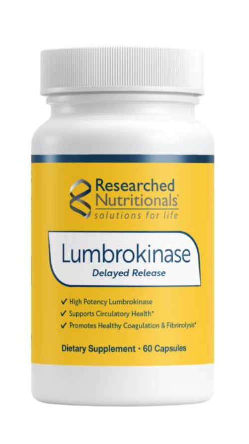 A Supplement container with the name Lumbrokinase by Researched Nutritionals