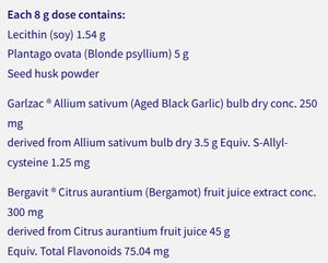 Supplement facts for Lipiforte® Cholesterol Care listing ingredients including Allium sativum, Bergamot, Bioflavonoids, Citrus Aurantium, Citrus aurantium