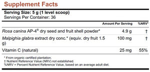 Supplement facts for SUKOFlex 180gm listing ingredients including Acerola extract, Malpighia glabra fruit, Rosehip, Vitamin A