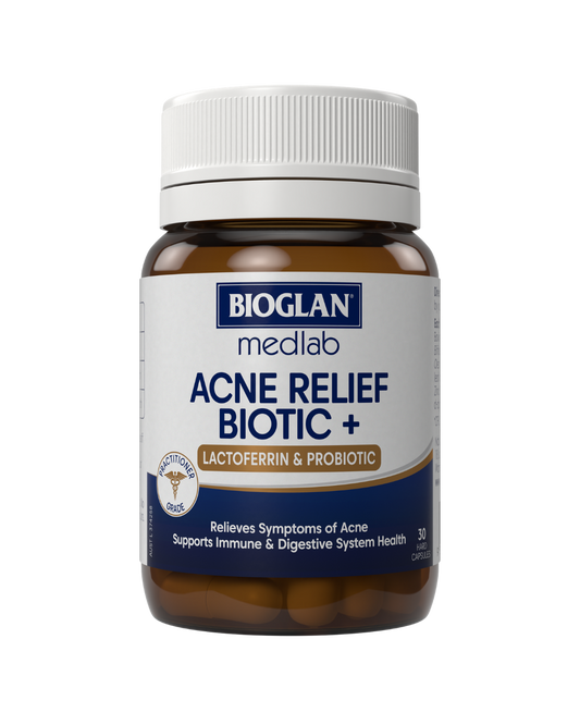 A supplement container of Acne Relief Biotic (Previously Lactoferrin Enhanced) by Medlab