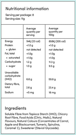 Supplement facts for Lollipops Share Bag listing ingredients including Apple, Black Currant, Carrot, Chicory extract, Citric Acid