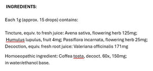 Supplement facts for Sleep & Relax Drops listing ingredients including Avena Sativa, Humulus lupulus, Passionflower (Passiflora incarnata), Valerian root (Valeriana officinalis)