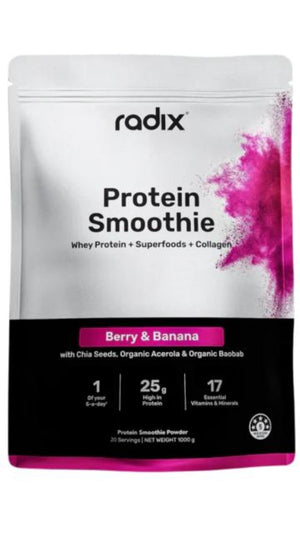 A Supplement bag with the name Whey Protein Smoothie (Berry & Banana) by Radix Nutrition).