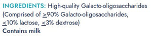 Supplement facts for GOS 9:1 listing ingredients including Dextrose, Goat Milk, Human Milk Oligosaccharides, Milk thistle, Protein Whey