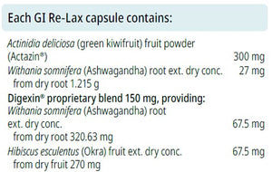 Supplement facts for GI Re-Lax listing ingredients including Actazin, Ashwagandha, Hibiscus esculentus, Kiwifruit, Okra