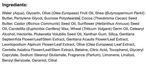 Supplement facts for Contouring Night Cream - Blue Gentian & Edelweiss listing ingredients including Betaine HCI, Caprylic acid, Castor Oil, Centella Asiatica Gotu Kola, Citral