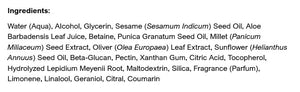 Supplement facts for Firming Face Serum (Pomegranate) listing ingredients including Aloe Vera, Behenyl Alcohol, Benzyl Alcohol, Beta Glucan, Betaine HCI