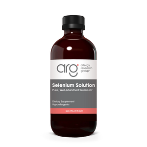 A Supplement container with the name Selenium Solution, Pure, Well-absorbed selenium by Allergy Research Group.