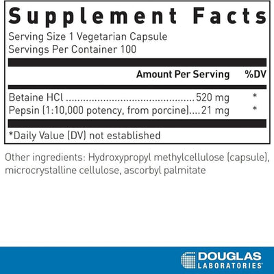 Text describing the ingredients: Betaine HCL, Pepsin.
