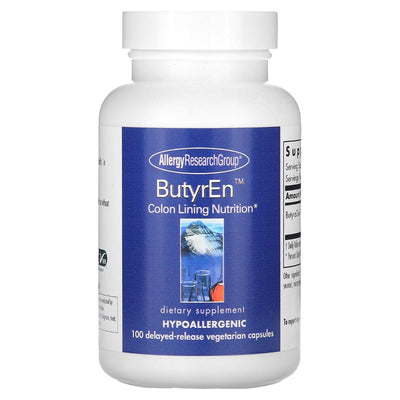 A Supplement container with the name ButyrEn by Allergy Research Group.