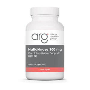 A Supplement container with the name Nattokinase 100mg (180 caps) by Allergy Research Group.