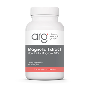 A Supplement container with the name Magnolia Extract Honokiol + Magnolol 90% by Allergy Research Group.