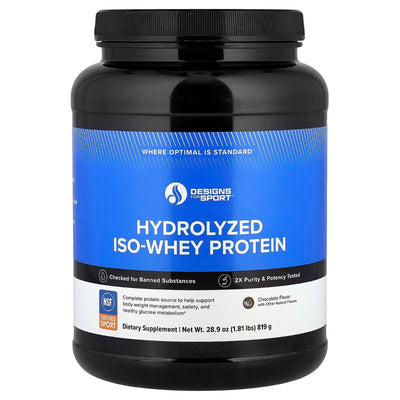 A Supplement container with the name Hydrolyzed ISO-Whey Protein by Designs for Health.