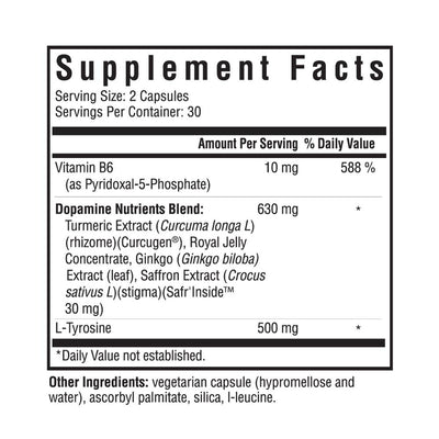 Text listing the ingredients including Vitamin b6, p5p, Pyridoxal-5-Phosphate, Tumeric Extract, Curcuma longa L, Rhizome, Curcugen, Royal Jelly, Ginkgo biloba, Saffron extract, Crocus sativus L, Safr inside, L-Tyrosine.