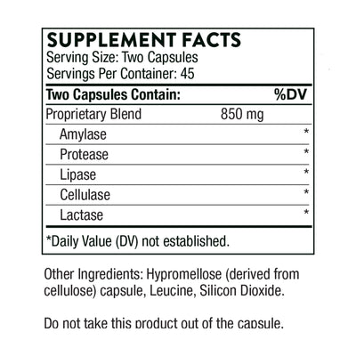 Ingredients including Amylase, Protease, Lipase, Cellulase, Lactase.