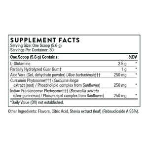 Ingredients including L-Glutamine, glutamine, Partially Hydrlyzed Guar gum, Aloe Vera, Aloe Barbadensis, Curcumin Phytosome, Curcuma Longa Extract, Phospholipid complex, sunflower, Indian Frankincense Phytosome, Boswellia serrata, Oleo gum resin.