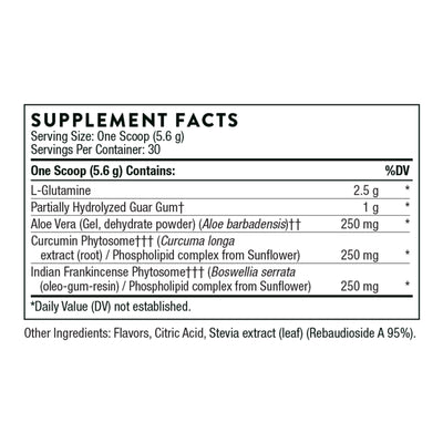 Ingredients including L-Glutamine, glutamine, Partially Hydrlyzed Guar gum, Aloe Vera, Aloe Barbadensis, Curcumin Phytosome, Curcuma Longa Extract, Phospholipid complex, sunflower, Indian Frankincense Phytosome, Boswellia serrata, Oleo gum resin.