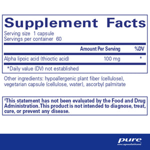 Text describing ingredients: Alpha lipoic acid (thioctic acid) 100mg