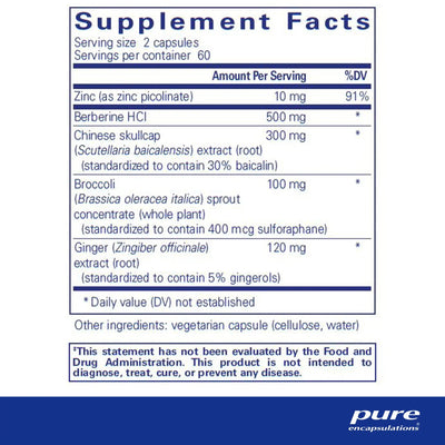 Text describing the ingredients: Zinc, Berberine HCI, Chinese skullcap, Broccoli, Ginger.
