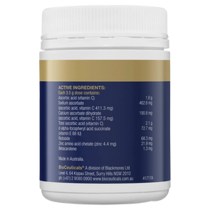 Ingredients: (200g) Ascorbic acid (vitamin C), Sodium ascorbate, Calcuim ascorbate dihydrate, d-alpha tocopheryl acid succinate, Rutoside,  Zinc, Betacarotene. 