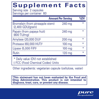 Text describing the ingredients: Bromelain, Papain, Amylase, Protease, Lipase, Rutin.