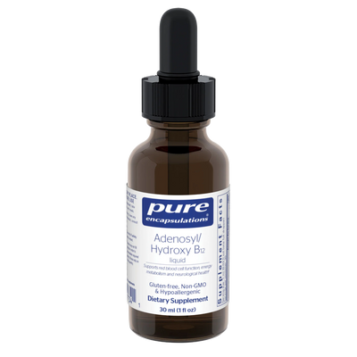 A Supplement container with the name Adenosyl/Hydroxy B2by Pure Encapsulations.